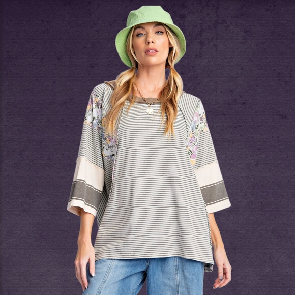 EASEL “Great Vibes” Mixed Print Relaxed & Stretchy Fit Top Defined Seams Details - Picture 10 of 15